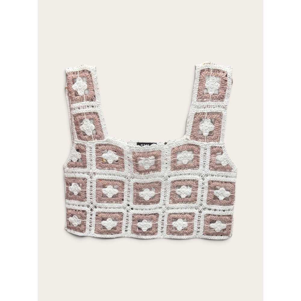 Julia by Love J Crochet Granny Square Crop Top White Pink Boho Knit M A2061